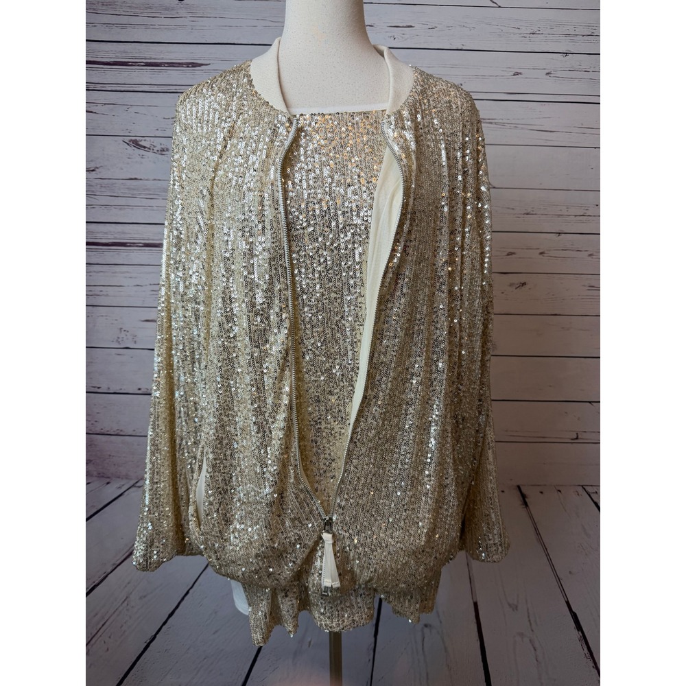 Kim Gravel Jingle Belles 2 Piece Set 1X Gold Sequin Jacket Top Plus Size Shirt